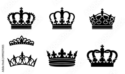 Royal crown silhouettes collection, set of 7 black heraldic coronet icons, vintage king and queen headwear vectors for luxury branding and logos