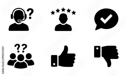 Customer service icons set, feedback and support vector symbols, business communication and rating elements, 6 black solid glyphs for web design