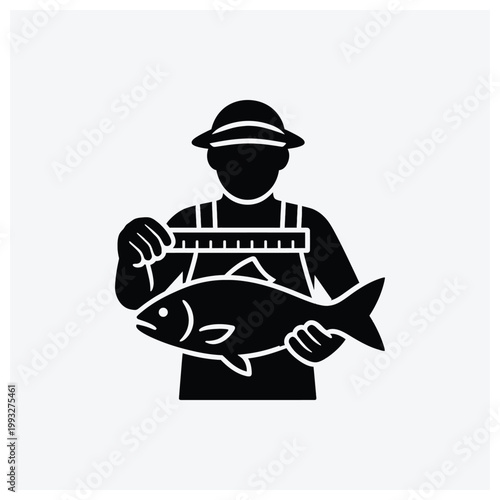 Minimal silhouette icon of a fisherman measuring a caught fish with a measuring stick.