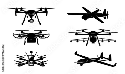 Unmanned aerial vehicle drone silhouette set, 6 black vector icons of quadcopters and fixed-wing UAVs, military and commercial drone collection