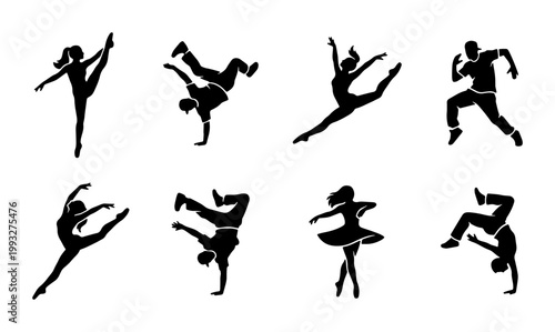 Dynamic dancer silhouettes set, 8 black vector icons of breakdance and ballet performers, modern hip hop and contemporary dance poses for sports design