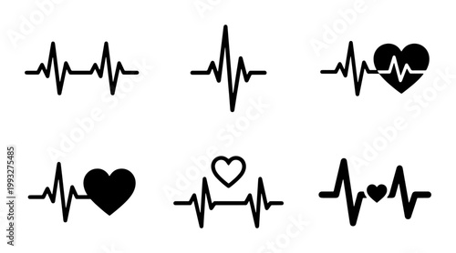 Medical heartbeat line icons set, black EKG pulse wave with heart shapes, 6 vector cardiology symbols for healthcare and fitness apps
