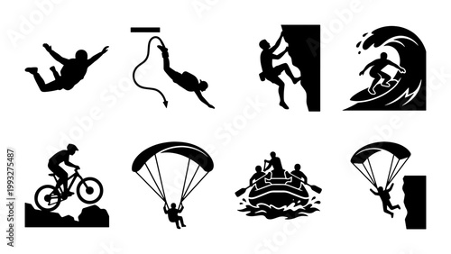 Extreme sports silhouette icons set, outdoor adventure activities collection, black vector graphics of skydiving, rock climbing, surfing and mountain biking