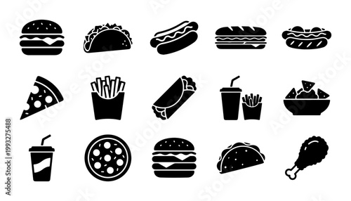 Fast food icon set with 15 black silhouettes, junk food vector collection including burger and pizza, takeout meal symbols for restaurant menus