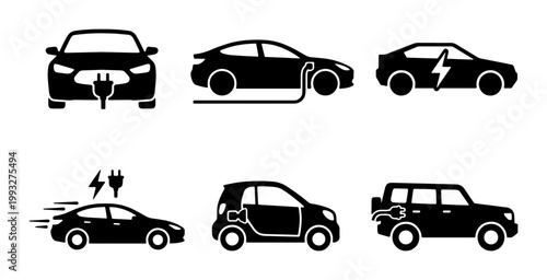 Electric car icon set, black silhouette EV vehicle symbols, 6 sustainable transport vector elements for eco-friendly automotive design and charging station apps