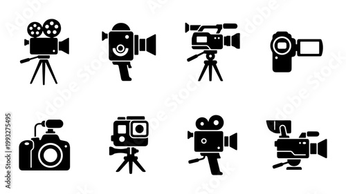 Professional video camera icon set, black solid movie equipment symbols, collection of 8 cinema and broadcast camera vectors for media production
