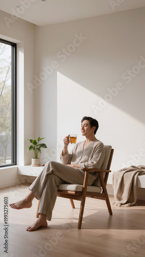 peaceful asian man in linen loungewear relaxing on wooden chair drinking hot tea by sunlit window at home minimalist interior wellness and morning selfcare lifestyle concept
