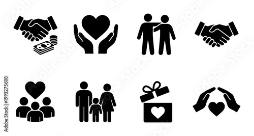 Charity and donation icon set, black solid vector symbols for non-profit organizations, 8 volunteer and community support elements for web design