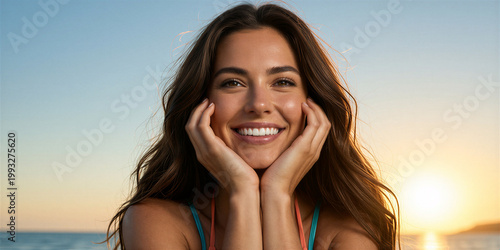 Slender woman with long brown hair, smiling with hands on face, against a serene ocean sunset background with the sun setting over the water, creating a warm glow.