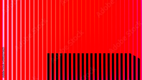 Bold red and pink vertical bars with black accents