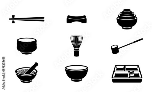 Japanese tea ceremony icons set, black silhouette matcha tools and kitchenware vectors, traditional zen dining elements and bento box graphics