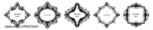 Set of vintage black ornamental frames with elegant scrollwork, symmetrical flourishes and decorative baroque borders, refined label collection for invitations, branding and classic stationery. Vector