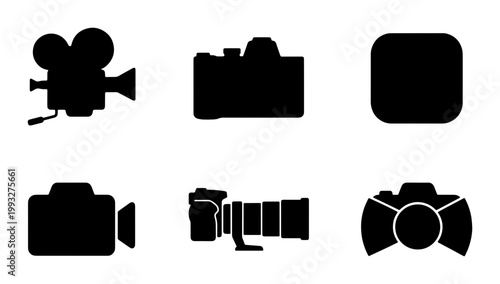 Black camera silhouette icons set, professional photography and videography equipment symbols, 6 vector movie and photo camera shapes