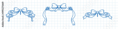 Set of blue ribbon bow header ornaments with flowing tails and delicate vintage curls, elegant decorative accents for invitations, stationery and festive design layouts. Vector illustration.