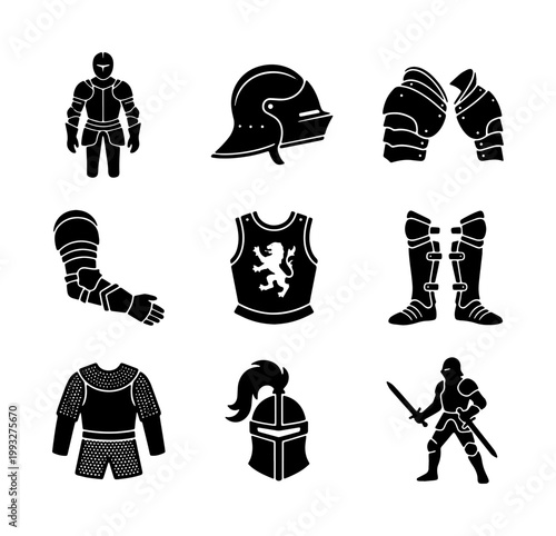 Medieval knight armor icons set, black silhouette warrior equipment vectors, ancient plate armor and helmet collection, historical combat gear