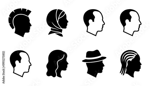 Tableau sur toile Diverse human profile icons set, black silhouette avatar heads with various hair