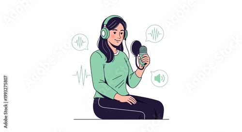 Woman Podcaster Recording Audio with Microphone and Headphones