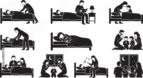 Family Bedtime Routine Silhouettes - Parents Reading Stories, Tucking in Children, and Nightly Prayers