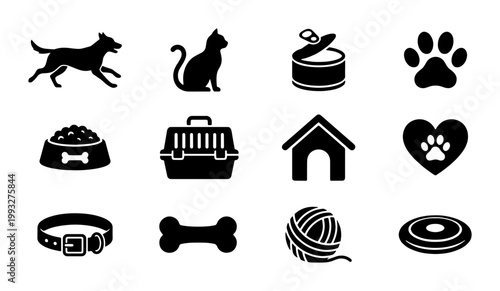Pet care icon set with 12 black vector silhouettes, domestic animal shop symbols, veterinary clinic graphic elements, dog and cat supply icons