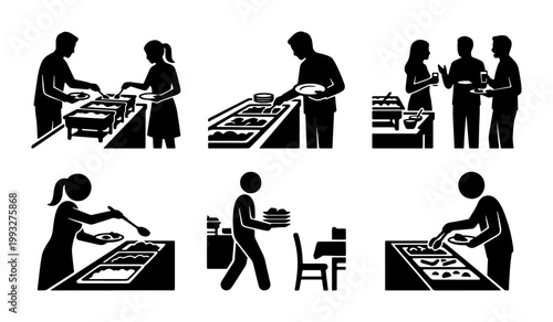 Buffet catering icons set, restaurant self-service food station silhouettes, people serving dinner at banquet event, black vector pictograms