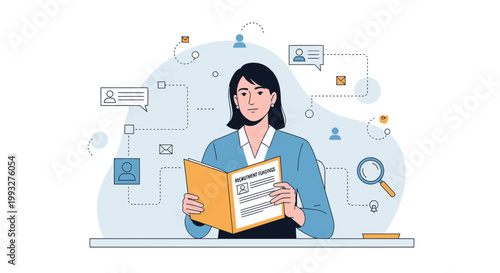 Woman reviewing recruitment document with magnifying glass and icons, business concept