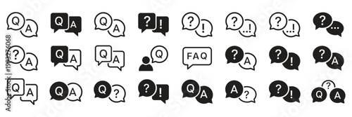 Customer Assistance and Troubleshooting Icon Collection - Set of FAQ Speak Bubbles, Q&A Text Boxes, and Support Help Icons for Information Desks, Instruction Manuals, and Digital Service Center