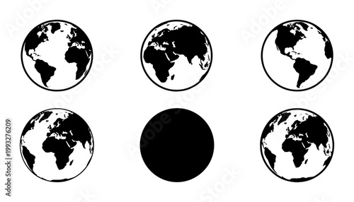 Minimalist world globe icons set, black and white earth map vector collection, global geography symbols for business and logistics infographics