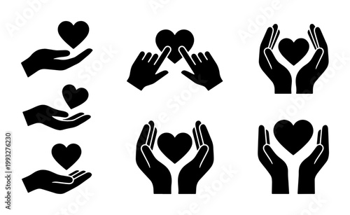 Charity and care icon set, black hands holding heart symbols, 6 vector elements for donation and volunteering concepts, minimalist love and support graphics