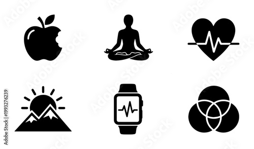 Minimalist health and wellness icons set, black silhouette lifestyle symbols, 6 vector elements for fitness and meditation apps