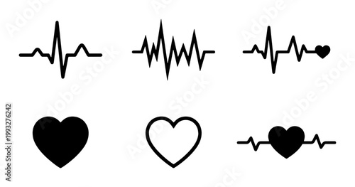 Heartbeat pulse line icons, medical EKG ECG wave symbols, 6 black heart rate vector elements for healthcare and cardiology design
