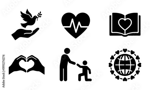 Charity and kindness icon set, 6 black vector symbols of peace and humanitarian aid, community support and global love graphics for non-profit organizations