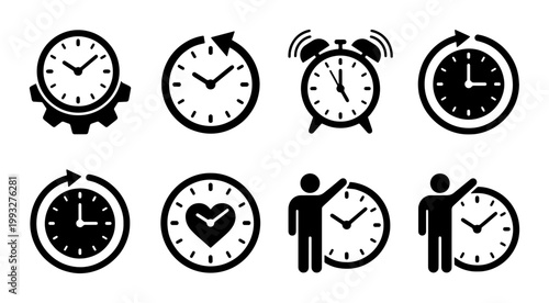 Free Download Minimalist time management icon set, 8 black clock vector symbols, productivity and deadline schedule graphics for business planning - GFXLoad