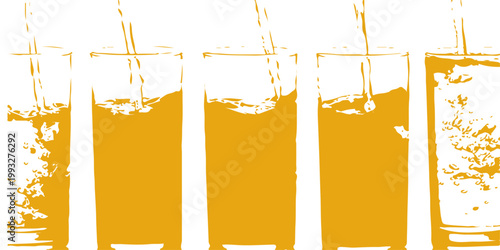 Vector illustration of an abstract autumn background featuring a fresh glass of cold orange citrus juice and a pint of yellow beer with foam isolated on a white refreshment object