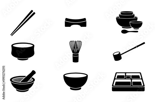 Japanese tableware icon set, black silhouette kitchenware collection with 9 vector elements, traditional tea ceremony and bento box graphics