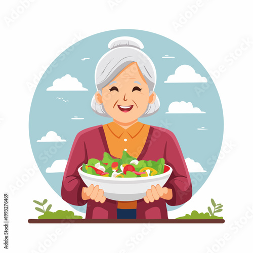 Happy Grandmother Holding a Fresh Salad Bowl