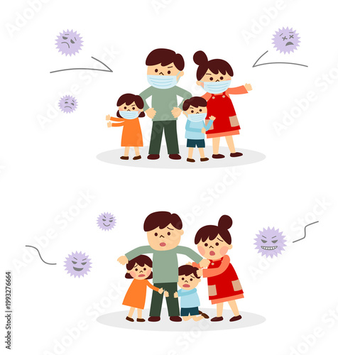 ウイルスをガードする家族とウイルスにおびえる家族