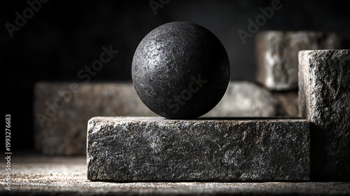 Balanced dark sphere on stone