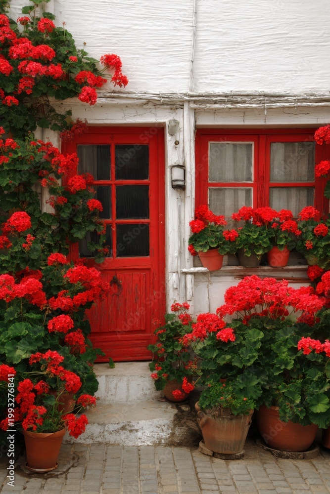 Fototapeta premium In a charming small town on a sunny day, a vibrant bright red door stands out, framed beautifully by a burst of blooming red flowers