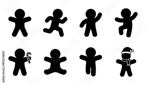 Gingerbread man silhouette collection, 8 black cookie icons with candy cane and santa hat, festive holiday vector set for christmas baking
