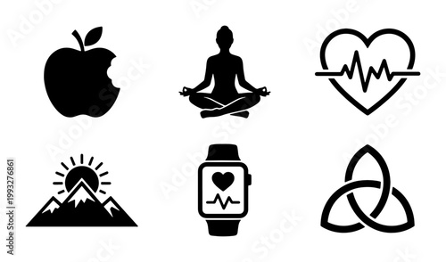 Minimalist health and wellness icons set, black silhouette fitness symbols, 6 vector elements for yoga meditation and healthy lifestyle apps