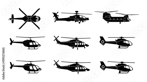 Military and civilian helicopter silhouettes, set of 9 aircraft vector icons, black chopper symbols for aviation infographics and transport design