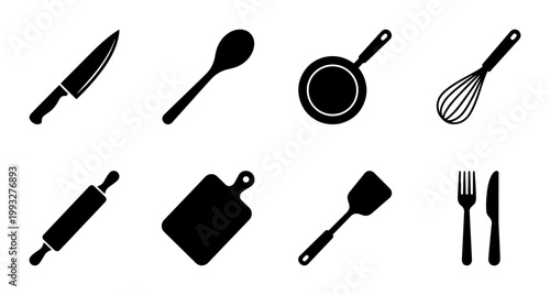 Minimalist kitchen utensils icon set, black silhouette cooking tools collection, 8 vector culinary equipment symbols for restaurant menu design
