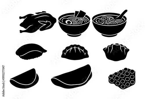 Asian food icon set with ramen bowls and sushi, black silhouette chinese cuisine elements, 9 vector illustrations of dumplings and roast duck