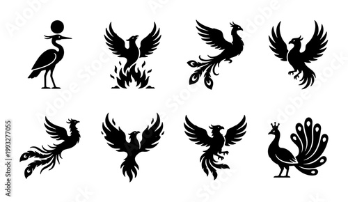 Mythical phoenix bird silhouettes set, 8 black firebird icons and peacock vector elements, ancient egyptian bennu and legendary creature logo collection