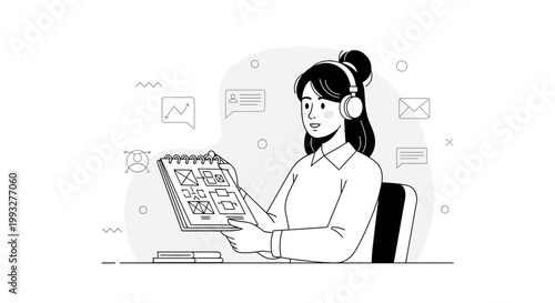 Woman with headphones sketching website wireframes, remote work, online communication