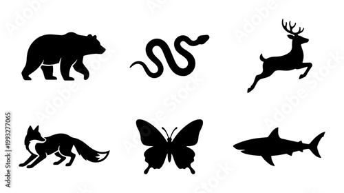 Wild animal silhouette collection, black minimalist wildlife icons set of 6 vectors, bear snake deer fox butterfly and shark symbols for branding