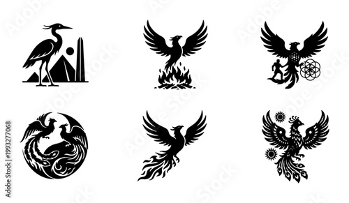 Mythical phoenix bird logo set, 6 black silhouette icons of firebird and heron, ancient Egyptian and fantasy creature vector graphics for branding
