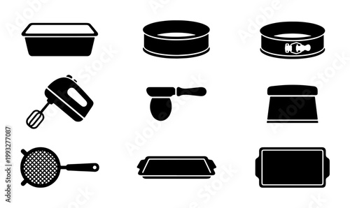 Baking tools icon set with 9 black vector elements, professional kitchen equipment and cookware collection, minimalist bakery utensils and cake pans
