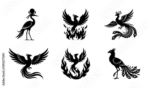 Mythical phoenix bird silhouettes, set of 6 black fire bird icons, ancient egyptian and chinese folklore bird illustrations, rebirth and fantasy creature vectors