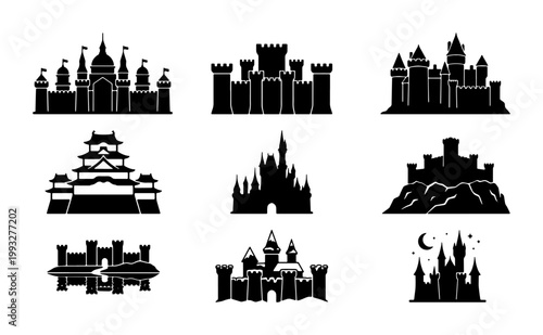 Medieval castle silhouette collection, 9 black fortress icons, fantasy palace and royal kingdom vector set, historical architecture and fairytale landmarks